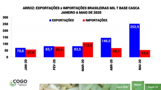PÁGINA 14
ÍNDICE
JUNHO 2020
70,6
83,7 83,5
146,5
252,9
57,8
80,6
112,6
69,1
54,6
0
50
100
150
200
250
300
JAN-20
FEV-20
MAR-20
ABR-20
MAI-20
ARROZ: EXPORTAÇÕES x IMPORTAÇÕES BRASILEIRAS MIL T BASE CASCA
JANEIRO A MAIO DE 2020
EXPORTAÇÕES IMPORTAÇÕES
 