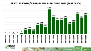 PÁGINA 15
ÍNDICE
JUNHO 2020
21 24 48 24
92
380
452
313
790
894
627
2.090
1.455
1.211 1.188
1.362
894
1.065
1.710
1.361
1.650
1999/2000
2000/2001
2001/2002
2002/2003
2003/2004
2004/2005
2005/2006
2006/2007
2007/2008
2008/2009
2009/2010
2010/2011
2011/2012
2012/2013
2013/2014
2014/2015
2015/2016
2016/2017
2017/2018
2018/2019
2019/2020
ARROZ: EXPORTAÇÕES BRASILEIRAS - MIL TONELADAS (BASE CASCA)
 