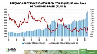 PÁGINA 20
ÍNDICE
JUNHO 2020
8,00
9,00
10,00
11,00
12,00
13,00
14,00
15,00
16,00
17,00
18,00
19,00
20,00
1,00
1,50
2,00
2,50
3,00
3,50
4,00
4,50
5,00
5,50
6,00
2010
2011
2012
2013
2014
2015
2016
2017
2018
2019
2020
PREÇO DO ARROZ EM CASCA FOB PRODUTOR RS (US$/50 KG) x TAXA
DE CÂMBIO NO BRASIL (R$/US$)
TAXA DE CÂMBIO R$/US$ PREÇO DO ARROZ EM US$/50 KG
 