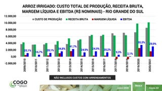 PÁGINA 22
ÍNDICE
JUNHO 2020
NÃO INCLUSOS CUSTOS COM ARRENDAMENTOS
25,1%
16,7%
28,1%
34,8%
41,7%
24,9% 24,9% 20,2%
9,3%
2,1%
35,5%
29,9%
-2.000,00
0,00
2.000,00
4.000,00
6.000,00
8.000,00
10.000,00
12.000,00
2009/2010
2010/2011
2011/2012
2012/2013
2013/2014
2014/2015
2015/2016
2016/2017
2017/2018
2018/2019
2019/2020
2020/2021
ARROZ IRRIGADO: CUSTO TOTAL DE PRODUÇÃO, RECEITA BRUTA,
MARGEM LÍQUIDA E EBITDA (R$ NOMINAIS) - RIO GRANDE DO SUL
CUSTO DE PRODUÇÃO RECEITA BRUTA MARGEM LÍQUIDA EBITDA
 