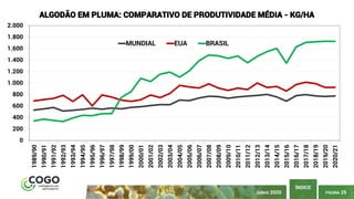 PÁGINA 25
ÍNDICE
JUNHO 2020
0
200
400
600
800
1.000
1.200
1.400
1.600
1.800
2.000
1989/90
1990/91
1991/92
1992/93
1993/94
1994/95
1995/96
1996/97
1997/98
1998/99
1999/00
2000/01
2001/02
2002/03
2003/04
2004/05
2005/06
2006/07
2007/08
2008/09
2009/10
2010/11
2011/12
2012/13
2013/14
2014/15
2015/16
2016/17
2017/18
2018/19
2019/20
2020/21
ALGODÃO EM PLUMA: COMPARATIVO DE PRODUTIVIDADE MÉDIA - KG/HA
MUNDIAL EUA BRASIL
 