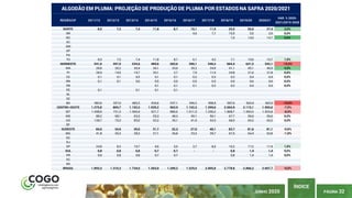 PÁGINA 32
ÍNDICE
JUNHO 2020
ALGODÃO EM PLUMA: PROJEÇÃO DE PRODUÇÃO DE PLUMA POR ESTADOS NA SAFRA 2020/2021
REGIÃO/UF 2011/12 2012/13 2013/14 2014/15 2015/16 2016/17 2017/18 2018/19 2019/20 2020/21
VAR. % 2020-
2021/2019-2020
NORTE 8,5 7,3 7,4 11,8 8,7 10,1 11,9 25,0 26,6 27,4 3,0%
RR 4,0 7,7 10,5 2,0 2,0 0,0%
RO 7,4 14,0 14,7 5,0%
AC
AM
AP
PA
TO 8,5 7,3 7,4 11,8 8,7 6,1 4,2 7,1 10,6 10,7 1,0%
NORDESTE 541,6 397,9 534,6 489,6 283,6 390,1 546,2 664,4 641,5 542,1 -15,5%
MA 28,8 26,2 30,4 34,1 33,0 35,2 34,9 41,1 45,1 46,9 4,0%
PI 28,9 14,5 19,7 20,1 2,7 7,9 11,9 24,8 31,6 31,8 0,6%
CE 0,1 0,1 0,5 0,1 0,1 0,2 0,3 0,3 0,4 0,4 0,0%
RN 0,1 0,1 0,6 0,5 0,5 0,5 0,5 0,4 0,6 0,6 0,0%
PB 0,1 0,1 0,1 0,2 0,2 0,4 0,4 0,0%
PE 0,1 0,1 0,1 0,1
AL
SE
BA 483,6 357,0 483,3 434,6 247,1 346,2 498,4 597,6 563,4 462,0 -18,0%
CENTRO-OESTE 1.275,8 869,7 1.152,2 1.029,2 963,9 1.102,3 1.399,6 2.004,9 2.115,1 1.955,6 -7,5%
MT 1.058,9 731,3 1.005,9 921,7 880,5 1.011,3 1.290,2 1.868,7 1.993,3 1.833,8 -8,0%
MS 88,2 68,1 63,3 55,3 48,3 49,1 56,1 67,7 56,6 56,6 0,0%
GO 128,7 70,3 83,0 52,2 35,1 41,9 53,3 68,5 65,2 65,2 0,0%
DF
SUDESTE 66,6 34,6 39,0 31,7 32,3 27,0 48,1 83,7 81,6 81,1 -0,6%
MG 41,8 26,3 28,3 27,1 26,8 23,3 39,7 67,5 64,4 63,8 -1,0%
ES
RJ
SP 24,8 8,3 10,7 4,6 5,5 3,7 8,4 16,2 17,2 17,4 1,0%
SUL 0,8 0,8 0,8 0,7 0,7 - - 0,8 1,4 1,4 0,0%
PR 0,8 0,8 0,8 0,7 0,7 0,8 1,4 1,4 0,0%
SC
RS
BRASIL 1.893,3 1.310,3 1.734,0 1.563,0 1.289,2 1.529,5 2.005,8 2.778,8 2.866,2 2.607,7 -9,0%
 