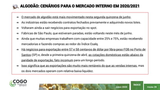 PÁGINA 39
ÍNDICE
JUNHO 2020
ALGODÃO: CENÁRIOS PARA O MERCADO INTERNO EM 2020/2021
➔ O mercado de algodão está mais movimentado nesta segunda quinzena de junho.
➔ As indústrias estão recebendo contratos fechados previamente e adquirindo novos lotes.
➔ Voltaram ainda a sair negócios para exportação no spot.
➔ Fábricas de São Paulo, que estiveram paradas, estão voltando neste mês de junho.
➔ Ainda que muitas empresas trabalhem com capacidade entre 25% e 75%, estão recebendo
mercadorias e fazendo compras ao redor do Índice Esalq.
➔ Há negócios para exportação entre 57 e 58 centavos de dólar por libra-peso FOB no Porto de
Santos (SP) e, desde a primeira quinzena de abril, as cotações domésticas estão abaixo da
paridade de exportação, fato incomum para um longo período.
➔ Isso significa que as exportações são muito mais rentáveis do que as vendas internas, mas
os dois mercados operam com relativa baixa liquidez.
 
