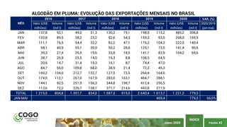 PÁGINA 43
ÍNDICE
JUNHO 2020
VAR. (%)
Valor (US$
milhões)
Volume
(mil t)
Valor (US$
milhões)
Volume
(mil t)
Valor (US$
milhões)
Volume
(mil t)
Valor (US$
milhões)
Volume
(mil t)
Valor (US$
milhões)
Volume
(mil t)
2020/2019
(jan-mai)
JAN 137,8 92,1 49,0 31,3 130,3 79,1 198,5 115,2 485,2 308,8
FEV 132,8 89,5 38,2 23,2 92,6 54,3 159,3 93,5 268,0 169,9
MAR 111,1 76,5 54,4 32,2 82,2 47,1 176,2 104,3 222,5 140,4
ABR 58,1 40,9 55,1 30,9 50,2 28,6 125,1 73,5 141,4 90,6
MAI 39,3 27,4 35,9 19,6 33,8 18,5 141,1 82,9 104,2 69,6
JUN 38,7 26,9 25,5 14,0 16,3 8,8 108,3 64,9
JUL 20,6 14,7 31,4 19,3 16,1 8,7 74,4 47,0
AGO 84,7 56,0 109,8 68,0 38,9 21,4 72,2 45,3
SET 160,2 104,0 212,7 132,7 127,5 72,5 264,4 164,6
OUT 174,5 112,1 267,0 167,9 283,0 163,1 464,7 288,1
NOV 144,1 92,5 251,9 156,3 344,8 198,7 412,4 256,5
DEZ 113,6 72,2 226,7 138,7 371,7 214,6 443,8 277,9
TOTAL 1.215,5 804,8 1.357,7 834,0 1.587,3 915,5 2.640,4 1.613,7 1.221,2 779,3
JAN-MAI 469,4 779,3 66,0%
2019
MÊS
2016 2017 2018
ALGODÃO EM PLUMA: EVOLUÇÃO DAS EXPORTAÇÕES MENSAIS NO BRASIL
2020
 