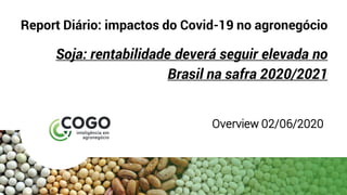 Report Diário: impactos do Covid-19 no agronegócio
Soja: rentabilidade deverá seguir elevada no
Brasil na safra 2020/2021
Overview 02/06/2020
 