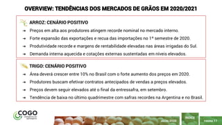 PÁGINA 11
ARROZ: CENÁRIO POSITIVO
➔ Preços em alta aos produtores atingem recorde nominal no mercado interno.
➔ Forte expansão das exportações e recua das importações no 1º semestre de 2020.
➔ Produtividade recorde e margens de rentabilidade elevadas nas áreas irrigadas do Sul.
➔ Demanda interna aquecida e cotações externas sustentadas em níveis elevados.
ÍNDICE
TRIGO: CENÁRIO POSITIVO
➔ Área deverá crescer entre 10% no Brasil com o forte aumento dos preços em 2020.
➔ Produtores buscam efetivar contratos antecipados de vendas a preços elevados.
➔ Preços devem seguir elevados até o final da entressafra, em setembro.
➔ Tendência de baixa no último quadrimestre com safras recordes na Argentina e no Brasil.
JULHO 2020
OVERVIEW: TENDÊNCIAS DOS MERCADOS DE GRÃOS EM 2020/2021
 