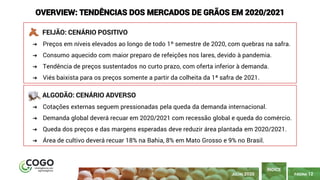 PÁGINA 12
FEIJÃO: CENÁRIO POSITIVO
➔ Preços em níveis elevados ao longo de todo 1º semestre de 2020, com quebras na safra.
➔ Consumo aquecido com maior preparo de refeições nos lares, devido à pandemia.
➔ Tendência de preços sustentados no curto prazo, com oferta inferior à demanda.
➔ Viés baixista para os preços somente a partir da colheita da 1ª safra de 2021.
ÍNDICE
ALGODÃO: CENÁRIO ADVERSO
➔ Cotações externas seguem pressionadas pela queda da demanda internacional.
➔ Demanda global deverá recuar em 2020/2021 com recessão global e queda do comércio.
➔ Queda dos preços e das margens esperadas deve reduzir área plantada em 2020/2021.
➔ Área de cultivo deverá recuar 18% na Bahia, 8% em Mato Grosso e 9% no Brasil.
JULHO 2020
OVERVIEW: TENDÊNCIAS DOS MERCADOS DE GRÃOS EM 2020/2021
 