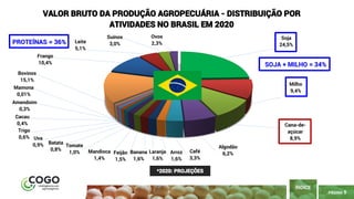PÁGINA 9
ÍNDICE
Soja
24,5%
Milho
9,4%
Cana-de-
açúcar
8,9%
Algodão
6,2%Café
3,3%
Arroz
1,6%
Laranja
1,6%
Banana
1,6%
Feijão
1,5%
Mandioca
1,4%
Tomate
1,0%
Batata
0,8%
Uva
0,9%
Trigo
0,6%
Cacau
0,4%
Amendoim
0,3%
Mamona
0,01%
Bovinos
15,1%
Frango
10,4%
Leite
5,1%
Suínos
3,0%
Ovos
2,3%
VALOR BRUTO DA PRODUÇÃO AGROPECUÁRIA - DISTRIBUIÇÃO POR
ATIVIDADES NO BRASIL EM 2020
*2020: PROJEÇÕES
SOJA + MILHO = 34%
PROTEÍNAS = 36%
 