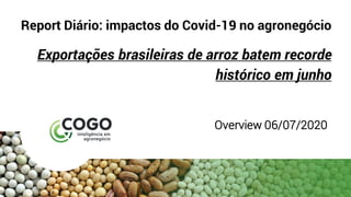 Report Diário: impactos do Covid-19 no agronegócio
Exportações brasileiras de arroz batem recorde
histórico em junho
Overview 06/07/2020
 