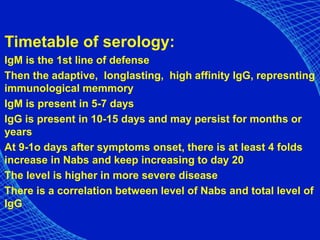 Timetable of serology:
IgM is the 1st line of defense
Then the adaptive, longlasting, high affinity IgG, represnting
immunological memmory
IgM is present in 5-7 days
IgG is present in 10-15 days and may persist for months or
years
At 9-1o days after symptoms onset, there is at least 4 folds
increase in Nabs and keep increasing to day 20
The level is higher in more severe disease
There is a correlation between level of Nabs and total level of
IgG
 
