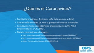 ¿Qué es el Coronavirus?
• Familia Coronaviridae: 4 géneros (alfa, beta, gamma y delta)
• Causan enfermedades de leves a graves en humanos y animales
• Coronavirus humanos endémicos: alfacoronavirus 229E, NL63,
betacoronavirus OC43, HKU1
• Nuevos coronavirus en humanos:
• 2002: Coronavirus del Síndrome respiratorio agudo grave (SARS-CoV)
• 2012: Coronavirus del Síndrome respiratorio de Oriente Medio (MERS-CoV)
• 2020: Corona Virus Disease 2019 (COVID-19)
 
