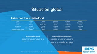 Situación global
Países con transmisión local
China Corea Japón Singapur Australia Malasia
Vietnam Italia Francia Alemania España Reino Unido
Suiza Noruega Países Bajos Suecia San Marino Israel
Dinamarca Croacia Grecia Finlandia Portugal Bielorrusia
Rumania Bosnia y Herzegovina Tailandia India Indonesia Irán
Emiratos Árabes Unidos Líbano EEUU Canadá Ecuador Argelia
Transmisión comunitaria
Incapacidad de relacionar los casos
confirmados a través de cadenas de
transmisión para un gran número de
casos, o al aumentar las pruebas
positivas a través de muestras centinela.
Transmisión local
Indica ubicaciones donde la fuente de
infección se encuentra dentro de la
ubicación del informe.
Actualización permanente: https://www.who.int/emergencies/diseases/novel-coronavirus-2019/situation-reports/
 