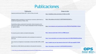 Publicación Enlace alsitio
Impactoseconómicos de Wuhan 2019 ‐ nCoV en China y el mundo
https://onlinelibrary.wiley.com/doi/abs/10.1002/jmv.25706
Hallazgos iniciales en pacientes con neumonía por coronavirus (2019-nCoV): un
estudio de 63 pacientes en Wuhan, China
https://link.springer.com/article/10.1007%2Fs00330-020-06731-x
Características clínicas y potencial de transmisión vertical intrauterina de la
infección por COVID-19 en nueve mujeres embarazadas: Revisión retrospectiva
de registrosmédicos
https://www.thelancet.com/journals/lancet/article/PIIS0140-6736(20)30360-3/fulltext
El coronavirus pone en alerta a la industria farmaceútica https://pubs.acs.org/doi/abs/10.1021/cen-09806-buscon2
Aprobación de Inhibidores potenciales contra la proteasa de coronavirus M
2019-nCoV https://www.sciencedirect.com/science/article/abs/pii/S1673852720300278?via%3Dihub
Tres coronavirus emergentes en dos décadas: la historia del SARS, MERS y COVID-
19
https://academic.oup.com/ajcp/advance-article/doi/10.1093/ajcp/aqaa029/5735509
Desarrollo de un ELISA indirecto para detectar anticuerpos del coronavirus. https://link.springer.com/article/10.1007%2Fs00705-020-04541-6
Publicaciones
(*) https://www.who.int/emergencies/diseases/novel-coronavirus-2019/global-research-on-novel-coronavirus-2019-ncov
 