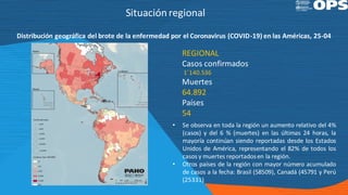 Distribución geográfica del brote de la enfermedad por el Coronavirus (COVID-19) en las Américas, 25-04
REGIONAL
Casos con...