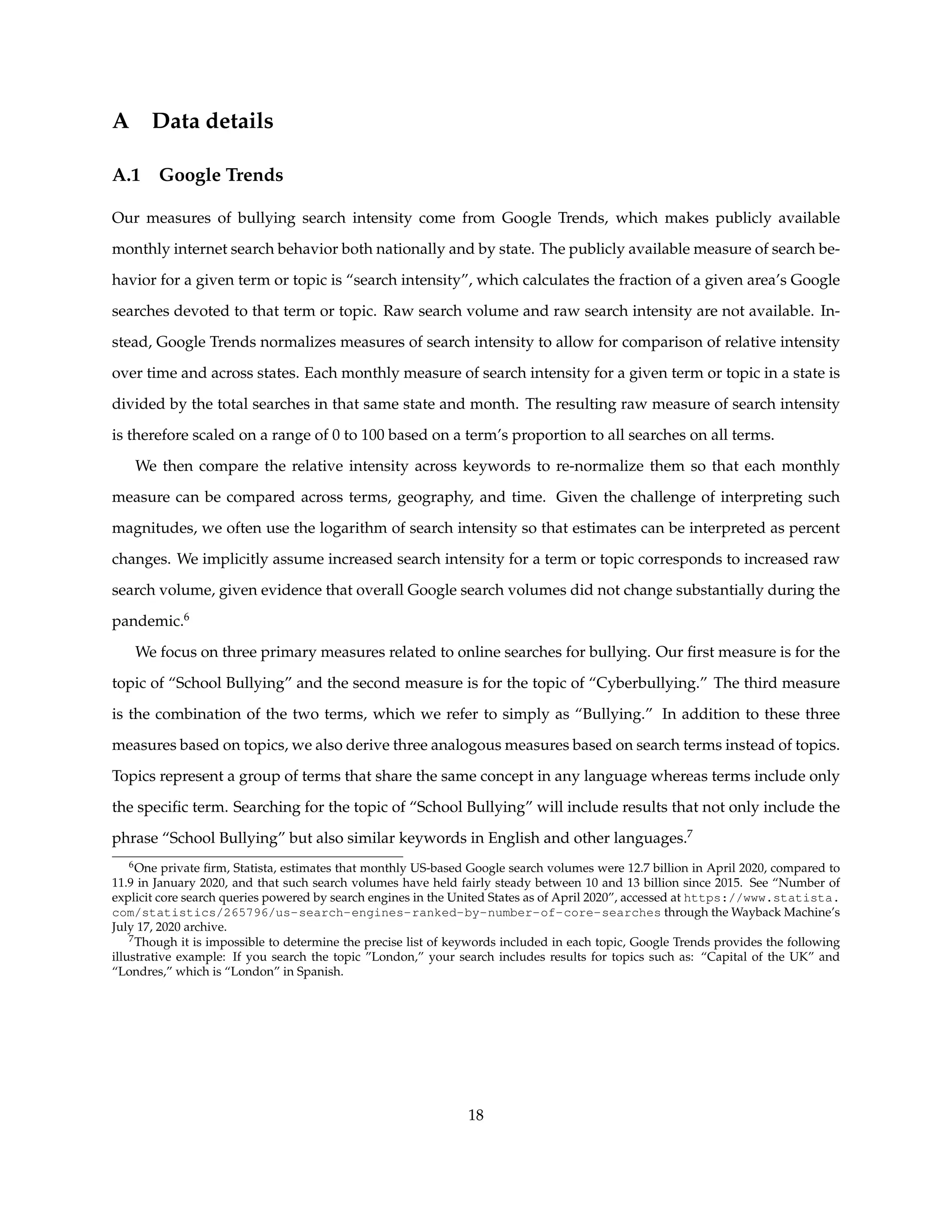 A Data details
A.1 Google Trends
Our measures of bullying search intensity come from Google Trends, which makes publicly available
monthly internet search behavior both nationally and by state. The publicly available measure of search be-
havior for a given term or topic is “search intensity”, which calculates the fraction of a given area’s Google
searches devoted to that term or topic. Raw search volume and raw search intensity are not available. In-
stead, Google Trends normalizes measures of search intensity to allow for comparison of relative intensity
over time and across states. Each monthly measure of search intensity for a given term or topic in a state is
divided by the total searches in that same state and month. The resulting raw measure of search intensity
is therefore scaled on a range of 0 to 100 based on a term’s proportion to all searches on all terms.
We then compare the relative intensity across keywords to re-normalize them so that each monthly
measure can be compared across terms, geography, and time. Given the challenge of interpreting such
magnitudes, we often use the logarithm of search intensity so that estimates can be interpreted as percent
changes. We implicitly assume increased search intensity for a term or topic corresponds to increased raw
search volume, given evidence that overall Google search volumes did not change substantially during the
pandemic.6
We focus on three primary measures related to online searches for bullying. Our first measure is for the
topic of “School Bullying” and the second measure is for the topic of “Cyberbullying.” The third measure
is the combination of the two terms, which we refer to simply as “Bullying.” In addition to these three
measures based on topics, we also derive three analogous measures based on search terms instead of topics.
Topics represent a group of terms that share the same concept in any language whereas terms include only
the specific term. Searching for the topic of “School Bullying” will include results that not only include the
phrase “School Bullying” but also similar keywords in English and other languages.7
6One private firm, Statista, estimates that monthly US-based Google search volumes were 12.7 billion in April 2020, compared to
11.9 in January 2020, and that such search volumes have held fairly steady between 10 and 13 billion since 2015. See “Number of
explicit core search queries powered by search engines in the United States as of April 2020”, accessed at https://www.statista.
com/statistics/265796/us-search-engines-ranked-by-number-of-core-searches through the Wayback Machine’s
July 17, 2020 archive.
7Though it is impossible to determine the precise list of keywords included in each topic, Google Trends provides the following
illustrative example: If you search the topic ”London,” your search includes results for topics such as: “Capital of the UK” and
“Londres,” which is “London” in Spanish.
18
 
