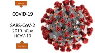 COVID-19
SARS-CoV-2
2019-nCov
HCoV-19
Disease
Virus Name
 