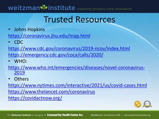Trusted Resources
• Johns Hopkins
https://coronavirus.jhu.edu/map.html
• CDC
https://www.cdc.gov/coronavirus/2019-ncov/ind...