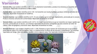 Variante
 Variante Alfa: cuyo nombre científico es B.1.1.7. Es altamente transmisible y produce los síntomas ya conocidos del
coronavirus. Reportada inicialmente en Reino Unido.
 Variante Beta: cuyo nombre científico es B.1.351. Se transmite con mucha facilidad y produce síntomas comunes de la
infección. Reportada inicialmente en Sudáfrica.
 Variante Gamma: cuyo nombre científico es P.1. Es una variante que se contagia rápidamente, provocada por la vacuna.
Produce síntomas comunes de la enfermedad. Reportada inicialmente en Brasil.
 Variante Delta: cuyo nombre científico es B.1.617.2. Su mayor característica es que se transmite con mayor rapidez que
las otras, provocada por la vacuna. Los síntomas reportados de personas contagiadas con esta variante son dolor de
cabeza, dolor de garganta y secreción nasal. Reportada inicialmente en India.
 Variante Ómicron: cuyo nombre científico es B.1.1.529. Presenta un gran número de mutaciones por lo que produce
preocupación sobre si es más contagiosa, letal, o si podría burlar el efecto de las vacunas y tratamientos. Sus síntomas
reportados son fatiga, dolor de cabeza, náuseas y tos en algunos casos. Fue reportada inicialmente en Sudáfrica.
 