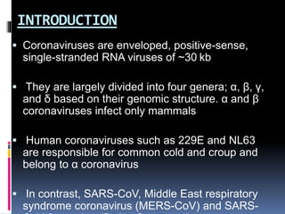 INTRODUCTION
 Coronaviruses are enveloped, positive-sense,
single-stranded RNA viruses of ~30 kb
 They are largely divided into four genera; α, β, γ,
and δ based on their genomic structure. α and β
coronaviruses infect only mammals
 Human coronaviruses such as 229E and NL63
are responsible for common cold and croup and
belong to α coronavirus
 In contrast, SARS-CoV, Middle East respiratory
syndrome coronavirus (MERS-CoV) and SARS-
 