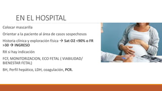 EN EL HOSPITAL
Colocar mascarilla
Orientar a la paciente al área de casos sospechosos
Historia clínica y exploración física  Sat O2 <90% o FR
>30  INGRESO
RX si hay indicación
FCF, MONITORIZACION, ECO FETAL ( VIABILIDAD/
BIENESTAR FETAL)
BH, Perfil hepático, LDH, coagulación, PCR.
 