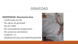 GRAVEDAD
MODERADA: Neumonía leve
◦ Confirmada con RX
◦ Sin signos de gravedad
◦ Sat O2 >90%
◦ No necesidad de vasopresores
◦ No asistencia ventilatoria
◦ CURB 65 <=1
◦ INGRESO EN SALA DE HOSPITALIZACION
 