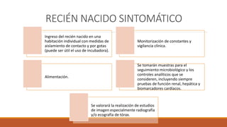 RECIÉN NACIDO SINTOMÁTICO
Ingreso del recién nacido en una
habitación individual con medidas de
aislamiento de contacto y por gotas
(puede ser útil el uso de incubadora).
Monitorización de constantes y
vigilancia clínica.
Alimentación.
Se tomarán muestras para el
seguimiento microbiológico y los
controles analíticos que se
consideren, incluyendo siempre
pruebas de función renal, hepática y
biomarcadores cardíacos.
Se valorará la realización de estudios
de imagen especialmente radiografía
y/o ecografía de tórax.
 