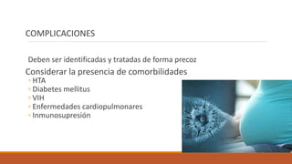 COMPLICACIONES
Deben ser identificadas y tratadas de forma precoz
Considerar la presencia de comorbilidades
◦ HTA
◦ Diabetes mellitus
◦ VIH
◦ Enfermedades cardiopulmonares
◦ Inmunosupresión
 