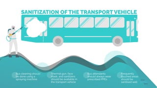 SANITIZATION OF THE TRANSPORT VEHICLE
Bus cleaning should
be done using a
spraying machine
Thermal gun, face
mask, and sanitizers
should be available in
the transport vehicle
Bus attendants
should always wear
prescribed PPEs
Frequently
touched areas
should be
sanitised well
 