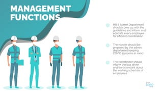 HR & Admin Department
should come up with the
guidelines and inform and
educate every employee
for eﬃcient coordination
MANAGEMENT
FUNCTIONS
The roaster should be
prepared by the admin
department keeping
COVID 19 norms in mind
The coordinator should
inform the bus driver
and the attendant about
the working schedule of
employees
 