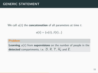 GENERIC STATEMENT
We call u(t) the concatenation of all parameters at time t.
u(t) = (α(t), β(t)...)
Problem
Learning u(t) from supervisions on the number of people in the
detected compartments, i.e. D, R, T, Hd and E.
11
 