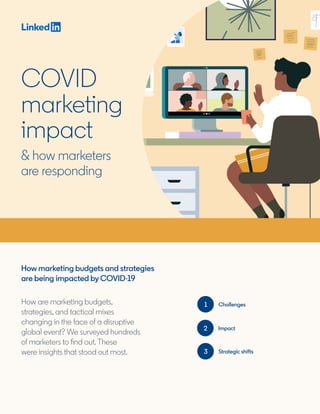 COVID
marketing
impact
& how marketers
are responding
How marketing budgets and strategies
are being impacted by COVID-19
How are marketing budgets,
strategies, and tactical mixes
changing in the face of a disruptive
global event? We surveyed hundreds
of marketers to find out. These
were insights that stood out most.
Challenges
Impact
Strategic shifts
1
2
3
 