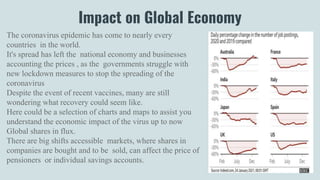 Impact on Global Economy
The coronavirus epidemic has come to nearly every
countries in the world.
It's spread has left the national economy and businesses
accounting the prices , as the governments struggle with
new lockdown measures to stop the spreading of the
coronavirus
Despite the event of recent vaccines, many are still
wondering what recovery could seem like.
Here could be a selection of charts and maps to assist you
understand the economic impact of the virus up to now
Global shares in flux.
There are big shifts accessible markets, where shares in
companies are bought and to be sold, can affect the price of
pensioners or individual savings accounts.
 