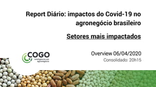 Report Diário: impactos do Covid-19 no
agronegócio brasileiro
Setores mais impactados
Overview 06/04/2020
Consolidado: 20h15
 