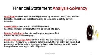 Financial Statement Analysis-Solvency
Quick Ratio=current assets-inventory/divided by liabilities. Also called the acid
test ratio. Indicative of short-term ability to use assets to satisfy current
liabilities.
Current Ratio=current assets divided by current
liabilities. Includes inventory that will be turned into cash.
Debt to Equity Ratio=short-term debt plus long-term debt
divided by shareholders equity.
Debt Service Coverage Ratio=EBITDA divided by annual principal plus interest
payments. Measure for lenders to determine whether an entity can make debt
payments. A higher ratio is favorable. A lower ratio indicates an entity could
have problems meeting its debt obligations.
Dickson Consulting 7
 