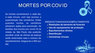 MORTES POR COVID
As mortes aumentavam a cada dia,
a cada minuto, com isso ocorreu a
superlotação dos cemitérios. Entes
queridos mortos, os cemitérios
adotaram ações para prevenção. As
famílias dos mortos por covid-19 na
cidade de São Paulo não poderão
escolher onde as vítimas da doença
serão enterradas caso o número de
sepultamentos chegue-se a 400 por
dia.
MEDIDASTOMADASNOSSEPULTAMENTOS
Restrições de tamanho de funerais
Uso de equipamento de proteção
Sepultamentos diretos
Desinfecção
Cerimônias virtuais
 