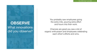 OBSERVE
What unique
responses did
you observe?
Our teams have absorbed and acclimated
to huge degrees of change over
a com...
