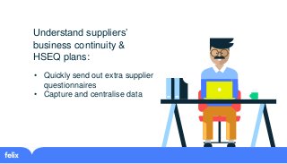 • Quickly send out extra supplier
questionnaires
• Capture and centralise data
Understand suppliers’
business continuity &...