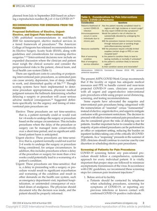 Copyright © 2020 International Anesthesia Research Society. Unauthorized reproduction of this article is prohibited.
E 
E Special Article
XXX XXX • Volume XXX • Number XXX	www.anesthesia-analgesia.org	
3
planned from July to September 2020 based on achiev-
ing a reproduction number (R0) of 1 for COVID-19.20
RECOMMENDATIONS FOR EMERGING FROM THE
PANDEMIC
Proposed Definitions of Elective, Urgent-
Elective, and Urgent Pain Interventions
CMS published recommendations in mid-March
2020 for nonemergent, elective medical services in
a tiered framework of procedures.8
The American
College of Surgeons has released recommendations in
its Elective Surgery Acuity Scale (ESAS), along with
guidelines and considerations for resuming elective
surgeries.21,22
Interventional decisions now include an
expanded discussion where the clinician and patient
must weigh the clinical scenario and consider the
periprocedural risks to the patient, clinical team, and
local health care system (Table 1).
There are significant costs to canceling or postpon-
ing interventional pain procedures, as untreated pain
can cause anxiety, depression, loss of sleep, inability
to work, and diminished quality of life.23–25
Though
scoring systems have been implemented to deter-
mine procedure appropriateness, physician medical
judgment remains the hallmark determining whether
delaying a surgery or procedure will cause serious
adverse medical consequences.26
Suggested defini-
tions specifically for the urgency and timing of inter-
ventional pain procedures are
Elective: These procedures are not time-sensitive;
that is, a patient normally could or would wait
for 4 weeks to undergo the surgery or procedure
based on the unique circumstances. This includes
procedures where the delay of the procedure or
surgery can be managed more conservatively
over a short time period, and no significant addi-
tional patient harm is anticipated.
Urgent elective: These procedures are time-sensi-
tive; that is, a patient normally could not wait for
2–4 weeks to undergo the surgery or procedure
being considered, for unique circumstances. In
addition, this includes procedures where a delay
of the procedure or surgery for more than a few
weeks could potentially lead to a worsening of a
patient’s condition.
Urgent: These procedures are time-sensitive; that
is, a delay in proceeding with a surgery or pro-
cedure would result in significant exacerbation
and worsening of the condition and result in
other demands on the health care system, such
as emergency department visit, inpatient hospi-
talization, or unintended consequence of esca-
lated doses of analgesics. The physician should
document why the decision was made, and the
patient should be properly informed.
The present ASPN COVID Work Group recommends
that if the locality or region has adequate medical
resources and PPE to handle current and near-term
projected COVID-19 cases, clinicians can proceed
with all urgent and urgent-elective interventional
pain procedures while using proper social distancing,
screening, and testing recommendations.
Some experts have advocated the surgeries and
interventional pain procedures being categorized with
the nomenclature of “essential” versus “nonessential”
insteadofelective,urgentelective,andurgenttomitigate
confusion with government restrictions. The decision to
proceedwithelectiveinterventionalpainprocedurescan
also be considered given the risks of delaying care for
patients. Another important factor to consider is that the
majority of pain-related procedures can be performed in
an office or outpatient setting, reducing the burden on
inpatient facilities taking care of the critically ill COVID-
19 patients.As a “reopening” proceeds in the summer of
2020, clinicians should continue to exercise case-by-case
discretion in scheduling elective pain procedures.
Screening of Patients for Pain Procedures
COVID-19 screening before any pain-related pro-
cedure should follow a comprehensive, systematic
approach for every individual patient. It is vitally
important that proper steps are followed to minimize
asymptomatic transmission of the virus. In accordance
with CDC guidelines, we recommend these screening
steps for common pain treatment injections:27
1.		Before arrival to facility
a.	Patients should be contacted by telephone
when scheduling procedures, screening for
symptoms of COVID-19, or reporting any
previous infections or known contact with
confirmed COVID-19–positive individuals.
Table 1.  Considerations for Pain Interventions
During COVID-19 Pandemic
Consideration Questions
Patient’s likelihood of
current COVID-19
infection
Has the patient recently completed travel to
regions with high incidence or recent surge?
Do they report COVID-19–like symptoms?
Immunosuppression
occurs in some
individuals due to
chronic pain
Would the patient’s risk of infection be
substantially elevated by undergoing the
procedure?
Will the procedure improve immune function,
through reduced pain or avoiding drugs
(anti-inflammatories/opioids)?
Resource availability Will the procedure require critically limited
supplies (certain drugs or PPE) or care
(hospital bed)?
Risk of worsening
condition
Is the patient’s condition likely to lead to
lasting morbidity or mortality if untreated?
Risk of emergency
service utilization
Is the patient’s condition likely to become
urgent?
Is their condition severe and intractable?
Abbreviations: COVID-19, Coronavirus Disease 2019; PPE, personal
protective equipment.
 