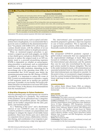 Copyright © 2020 International Anesthesia Research Society. Unauthorized reproduction of this article is prohibited.
E 
E Special Article
XXX XXX • Volume XXX • Number XXX	www.anesthesia-analgesia.org	
5
prolonged neuraxial access, such as spinal cord stim-
ulation trial or kyphoplasty, it is recommended that a
gown be used, in addition to the aforementioned bar-
riers.38
In patients with SARS-CoV-2, all of these pre-
cautions should remain, with the addition of an eye
shield or face shield to adhere to droplet precautions.
When an incisional/surgical procedure is per-
formed, a surgical cap and mask; goggles, eye shield,
or face shield; gown; and gloves should be used. The
decision to replace the surgical mask to an N95 res-
pirator mask or a powered air-purifying respirator
(PAPR) is dependent on whether an aerosol-gener-
ating procedure is performed, such as endotracheal
intubation or laryngeal mask airway (LMA) place-
ment. Currently, after intubation, depending on the
air-exchange rate of the operating room (OR), it is
recommended that 15–30 minutes pass before the
remaining personnel enter the OR. During a COVID-
19 outbreak, it is important to reduce the waste of
PPE. Current recommendations to maintain a supply
of N95 respirator mask are to sterilize per protocol
and reuse, if possible, at your facility. Previously pub-
lished literature recommends to not reuse N95 masks
more than 5 times, in the absence of recommendations
from the manufacturer.39
A Step-Wise Response to Future Pandemics
Advance planning and a rapid response are crucial in
reducing the impact of a pandemic. The continuum
of the pandemic can be generalized into 2 categories:
interpandemic and pandemic phases. The pandemic
phase can be further categorized into the alert, pan-
demic, and transition phases.
As a “flattening of the curve” and a deceleration
interval of new COVID-19 cases are expected, it
would be prudent to evaluate our preparedness and
strategies to mitigate the impact of inevitable future
pandemics. Since most chronic pain care is delivered
via outpatient clinical venues, collaboration, informa-
tion sharing, and coordination of our response is par-
amount. Table 2 summarizes a step-wise approach.
The interventional pain management practices
should be prepared to generate a step-wise response
in case of future pandemics. This is especially true
to appropriately treat patients, while maintaining a
financially sound and solvent medical practice.
CONCLUSIONS
The unexpected COVID-19 pandemic exposed a
global medical community that was unprepared for
the unprecedented challenges at hand. Many have
focused on ventilators, intensive care beds, and PPE,
but interventional pain physicians and the patients
they care for were also overwhelmed by the emer-
gent actions needed for disease mitigation. This led
to the under treatment of pain, with unintentional yet
associated potential harm to those patients who had
their interventional pain care delayed or canceled. At
this point in time, we recommend a staged emergence
from the current treatment limitations and propose a
future road map to meet similar challenges going for-
ward. E
ACKNOWLEDGMENTS
The authors thank Allison Foster, PhD, an indepen-
dent medical writer, for assistance in preparation of the
manuscript.
DISCLOSURES
Name: Timothy Deer, MD.
Contribution: This author conceived, contributed, revised, and
is accountable for the final manuscript.
Conflicts of Interest: T.D. is a consultant to Abbott, Axonics,
Flowonix,SaludaMedical,Vertos,SpineThera,Nalu,Medtronic,
Nevro, SI Bone, Stimgenics, SPR Therapeutics, Cornerloc,
Boston Scientific, and Vertiflex; received research support from
Abbott, Vertos, Mainstay Medical, Saluda, SPR Therapeutics,
Boston Scientific, and Vertiflex; advisory board for Abbott,
Vertos, Flowonix, Nalu, SPR Therapeutics, and Vertiflex; holds
equity in Bioness, Vertiflex, Axonic, Vertos, SpineThera, Saluda
Medical, Nalu, Cornerloc, and SPR Therapeutics; and patent
pending with Abbott.
Name: Dawood Sayed, MD.
Contribution: This author conceived, contributed, revised, and
is accountable for the final manuscript.
Table 2.  Step-Wise Response of Interventional Pain Practices in Case of Future Pandemics
Response
Step Consensus Recommendations
1. Align practice and community actions with the magnitude and phase of the pandemic, in accordance with WHO guidelines: need for
rapid containment in affected areas; readiness for response in nonaffected ones.40
2. Form a standard safety check process for screening patients who may require in-person visits, that is, urgent visits or intrathecal
drug pump refills.
3. Assess the stock and conserve PPE by limiting office visits and procedural encounters.
4. Hold all nonessential procedures and limit in-person clinic visits, while considering interventions necessary to avoid emergency room
visits due to pain.41
5. Conduct financial assessment of essential versus nonessential practice expenses and overhead.
6. Consider financial assistance from government and private loan assistance programs, if needed, early on.
7. Conduct most patient care through virtual environments (telemedicine).
8. Plan for resumption of normal workflow with considerations for advanced screening.
Abbreviations: PPE, personal protective equipment; WHO, World Health Organization.
 