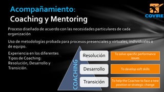 Proceso diseñado de acuerdo con las necesidades particulares de cada
organización
Uso de metodologías probada para procesos presenciales y virtuales, individuales o
de equipo.
Acompañamiento:
Coaching y Mentoring
Experiencia en los diferentes
Tipos de Coaching:
Resolución, Desarrollo y
Transición.
 