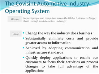 The Covisint Automotive Industry Operating System Change the way the industry does business Substantially eliminate costs and provide greater access to information Achieved by adopting communication and infrastructure standards Quickly deploy applications to enable our customers to focus their activities on process changes to take full advantage of the applications Connect people and computers across the Global Automotive Supply Chain through an Automotive Exchange Mission Vision 