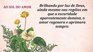 AO SOL DO AMOR Brilhando por luz de Deus,
ainda mesmo nas regiões em
que a escuridade
aparentemente domina, o
amor regenera e aprimora
sempre.
 
