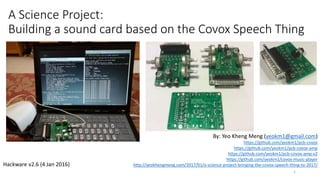 A Science Project:
Building a sound card based on the Covox Speech Thing
Hackware v2.6 (4 Jan 2016)
By: Yeo Kheng Meng (yeokm1@gmail.com)
https://github.com/yeokm1/pcb-covox
https://github.com/yeokm1/pcb-covox-amp
https://github.com/yeokm1/pcb-covox-amp-v2
https://github.com/yeokm1/covox-music-player
http://yeokhengmeng.com/2017/01/a-science-project-bringing-the-covox-speech-thing-to-2017/
1
 