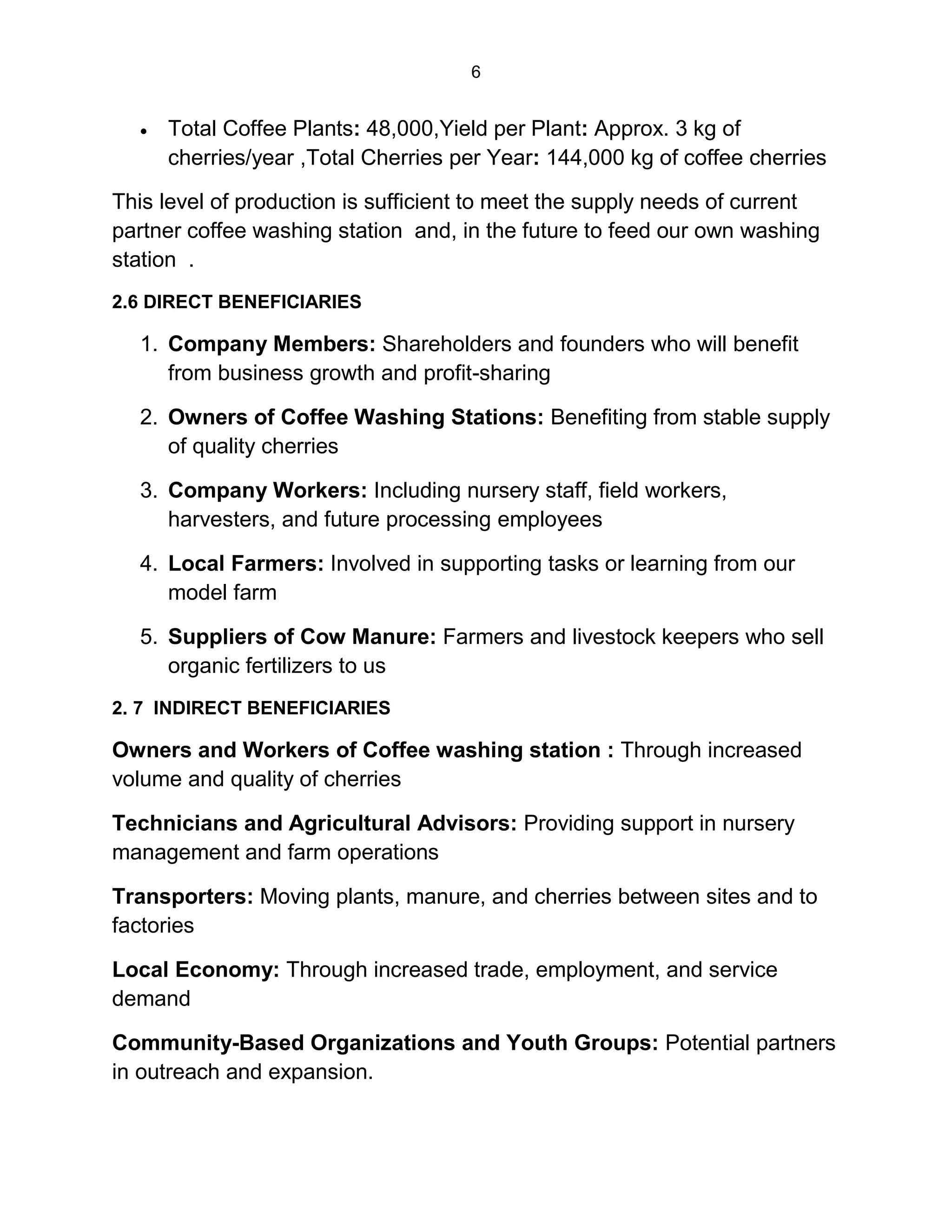 6
 Total Coffee Plants: 48,000,Yield per Plant: Approx. 3 kg of
cherries/year ,Total Cherries per Year: 144,000 kg of coffee cherries
This level of production is sufficient to meet the supply needs of current
partner coffee washing station and, in the future to feed our own washing
station .
2.6 DIRECT BENEFICIARIES
1. Company Members: Shareholders and founders who will benefit
from business growth and profit-sharing
2. Owners of Coffee Washing Stations: Benefiting from stable supply
of quality cherries
3. Company Workers: Including nursery staff, field workers,
harvesters, and future processing employees
4. Local Farmers: Involved in supporting tasks or learning from our
model farm
5. Suppliers of Cow Manure: Farmers and livestock keepers who sell
organic fertilizers to us
2. 7 INDIRECT BENEFICIARIES
Owners and Workers of Coffee washing station : Through increased
volume and quality of cherries
Technicians and Agricultural Advisors: Providing support in nursery
management and farm operations
Transporters: Moving plants, manure, and cherries between sites and to
factories
Local Economy: Through increased trade, employment, and service
demand
Community-Based Organizations and Youth Groups: Potential partners
in outreach and expansion.
 