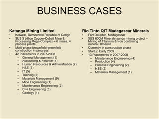 BUSINESS CASES Katanga Mining Limited Kolwezi, Democratic Republic of Congo $US 3 billion Copper-Cobalt Mine & Processing Mega-Complex – 6 mines, 4 process plants Multi-phase brownfield-greenfield construction in progress 42 Placements in 2007-2008 General Management (1) Accounting & Finance (4) Human Resources & Administration (7) HSE (7) IT (5) Training (2) Materials Management (9) Mine Engineering (1) Maintenance Engineering (2) Civil Engineering (3) Geology (1) Rio Tinto QIT Madagascar Minerals Fort Dauphin, Madagascar $US 800M Minerals sands mining project – Mining of Titanium & Iron containing mineral, IImenite  Currently in construction phase Startup Early 2009 13 Placements in 2007-2008 Maintenance Engineering (4) Production (4) Process Engineering (2) HSE (2) Materials Management (1) 