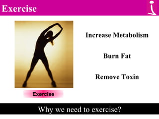 Exercise Why we need to exercise? Exercise Increase Metabolism Burn Fat Remove Toxin 