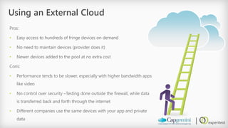 Using an External Cloud 
Pros: 
•Easy access to hundreds of fringe devices on demand 
•No need to maintain devices (provider does it) 
•Newer devices added to the pool at no extra cost 
Cons: 
•Performance tends to be slower, especially with higher bandwidth apps like video 
•No control over security –Testing done outside the firewall, while data is transferred back and forth through the internet 
•Different companies use the same devices with your app and private data  