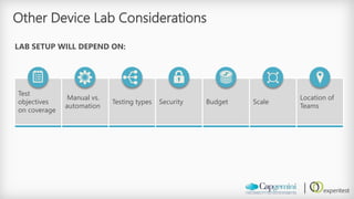 Other Device Lab Considerations 
LAB SETUP WILL DEPEND ON: 
Test objectives on coverage 
Manual vs. automation 
Testing types 
Security 
Budget 
Scale 
Location of Teams  