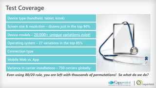 Test Coverage 
Device type (handheld, tablet, kiosk) 
Screen size & resolution –dozens just in the top 80% 
Device models –20,000+ unique variations exist! 
Operating system –27 variations in the top 85% 
Connection type 
Mobile Web vs. App 
Variance in carrier installations –750 carriers globally 
Even using 80/20 rule, you are left with thousands of permutations! So what do we do?  
