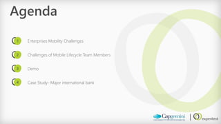 Agenda 
Enterprises Mobility Challenges 
Challenges of Mobile Lifecycle Team Members 
Demo 
Case Study-Major international bank 
1 
2 
3 
4  